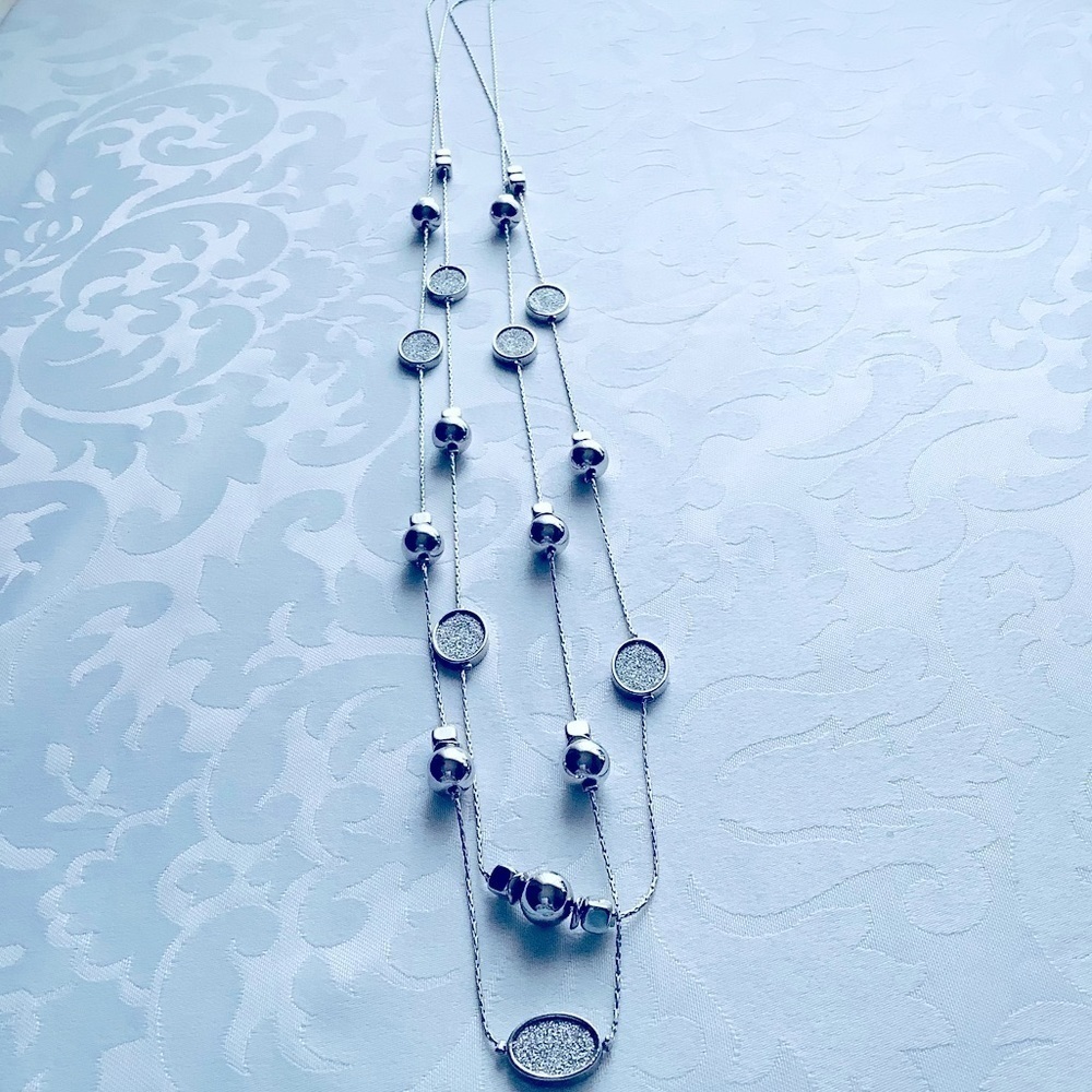 Illusion Double layered Silver 38” sparkling silver druzy Necklace - Picture 3 of 7